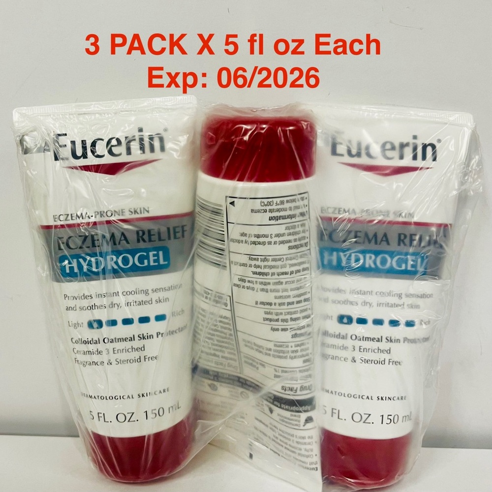 Eucerin Eczema Relief Hydrogel, Fragrance Free, 5 oz Each Tube Exp: 06/26 3 PACK